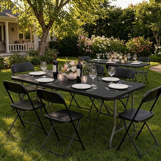HAISIWLKJ Folding Table 6 FT Lightweight Camping Table Black Portable Plastic Rectangular Outdoor Dining Table Steel Legs Fold-in-Half with Carrying Handle for Indoor,Picnic,Party,Wedding,Events