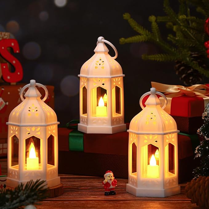 Hortsun 24 Pcs Vintage Lanterns Mini Lantern for Wedding Table Centerpiece Retro Decor with LED Candle Battery Powered Hanging for Medieval Wedding Cowboy Halloween Party Decoration Supplies(White)