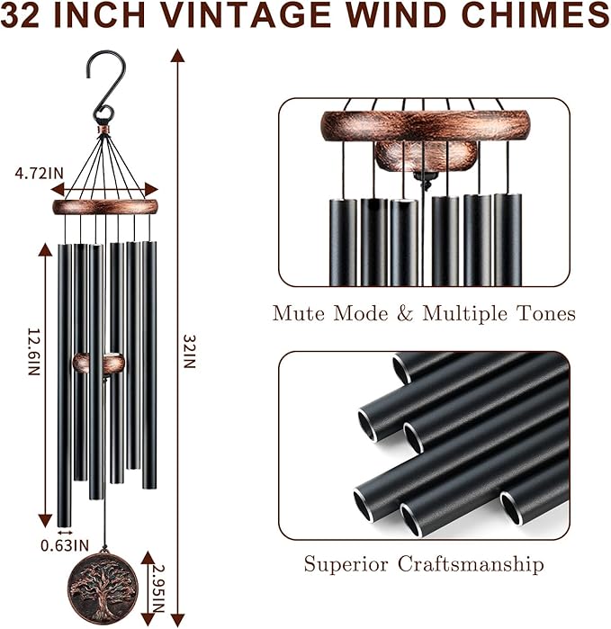 Wind Chimes for Outside, Vintage Deep Tone Tree of Life Wind Chime, for Dad, Meaningful Birthday Gift for Men, Garden Patio Decor (32" Tree of Life)