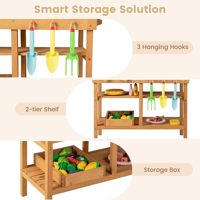 Costzon Mud Kitchen, Toddler Wooden Pretend Playset w/Faucet, Pots, Removable Sinks, Chalkboard, Stovetops & Planting Accessories, Mud Kitchen for Kids Outdoor, Garden, Backyard, Girls & Boys 3+