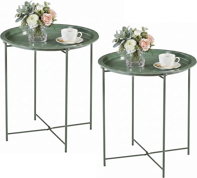 VECELO Side/End Table, Folding Round Metal Anti-Rust and Waterproof Outdoor or Indoor Tray for Living Room Bedroom Balcony and Office, 2 PCS, Dark Green