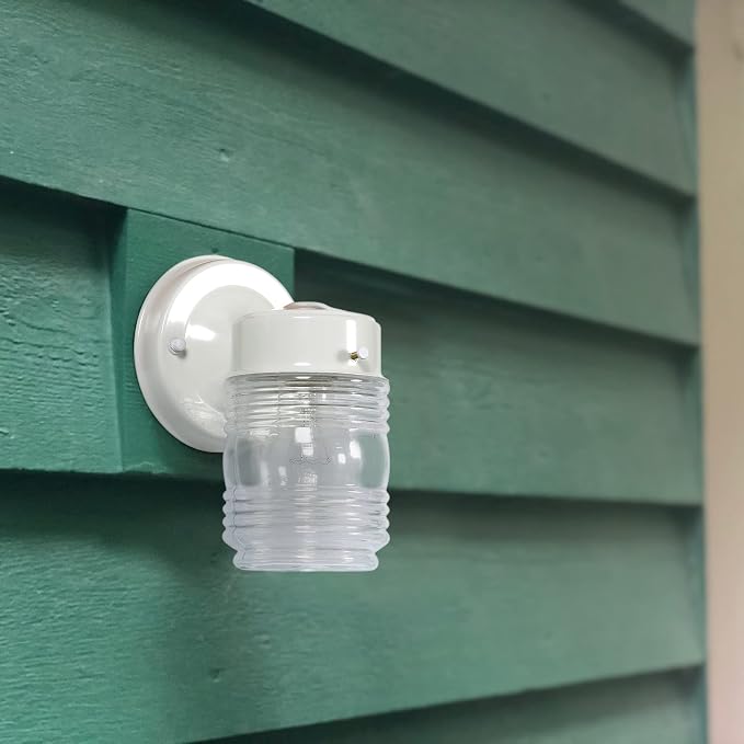 Design House Jelly Jar 1-Light Outdoor Wall Lantern, White Finish, Clear Ribbed Glass, Wet Rated Exterior Porch Light for Patio, Garage, Entryway, Front Door, and Deck, 500181