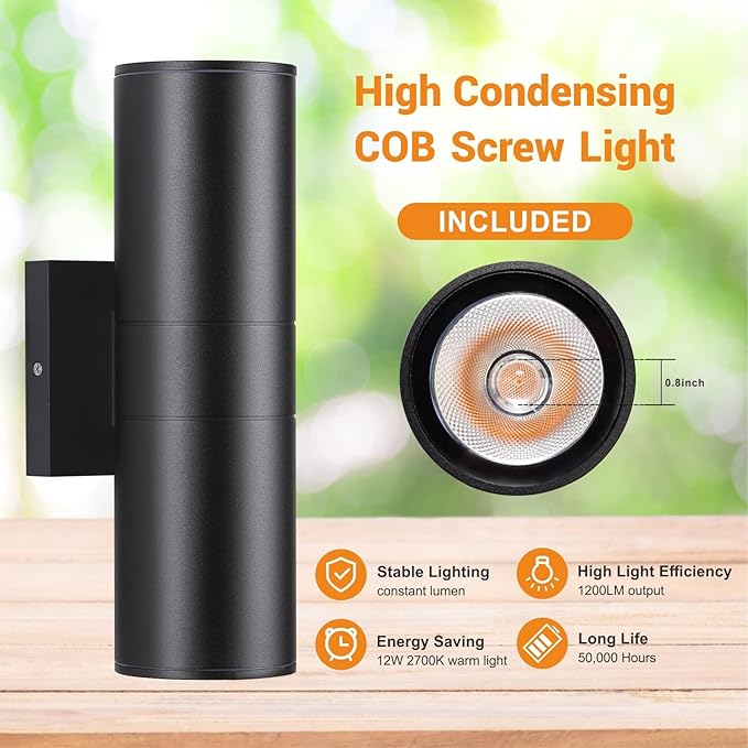 DAKAFUL 5CCT Dimmable Wall Lights Outdoor 2 Packs, 3000K 5000K 6000K Integrated LED Cylinder Up Down Modern Aluminum Light, Waterproof Exterior Light for Porch Patio Door