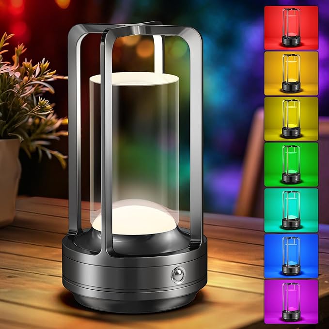 Portable Table Lamp for Outdoor Indoor: Cordless Rechargeable Desk Lamp with 10 Colors - Shower Lamp with Stepless Dimmable - Metal Battery Operated Lantern Light for Bedroom/Bar/Coffee Shop/Camping