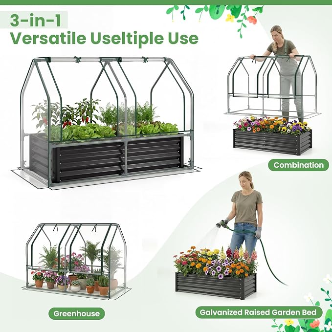 Giantex 4x2x3 FT Galvanized Raised Garden Bed with Greenhouse Cover, Outdoor Elevated Metal Planter Box w/Dual Roll-up Windows, Mini Greenhouse for Patio Balcony Vegetables Herbs Flowers (Black)