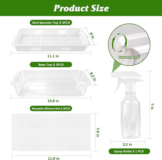 3 Pack Microgreens Growing Trays with Drain Holes, Acrylic Germination Trays with Silicone Mats and Spray Bottle, BPA Free Soil-Free Sprouting Kit for Indoor Outdoor Seed Sprouting, Wheatgrass & Beans