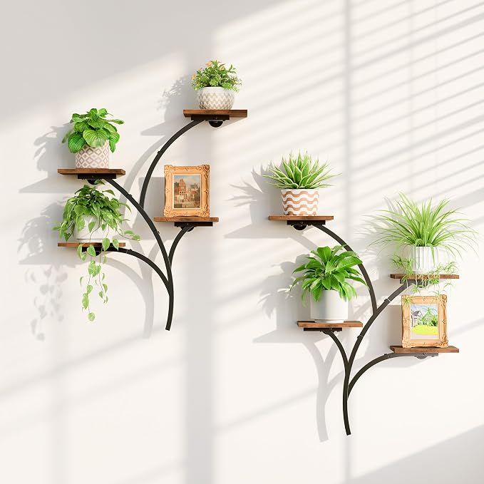 POZILAN Wall Planters for Indoor Plants, 2 Pack 8 Tiered Wall Mount Plant Holder, Sturdy Metal & Wood Hanging Planters for Living Room Window, Wall Plant Stand Indoor for Home Decor & Multiple Plants