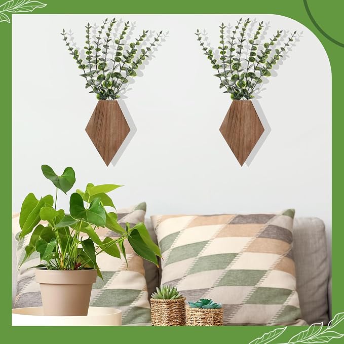 Chunful 2 Pcs Wooden Wall Planter Decor Hanging Fake Plants Greenery Flowers Holder Vase Boxes for Wall Bohemian Farmhouse Room Kitchen Office Indoor Decoration(Wooden Color,7.1 x 4.7 x 1.2 Inches)