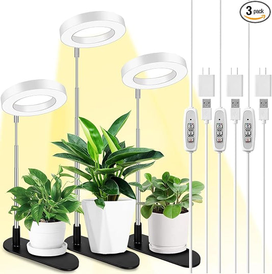 LORDEM Plant Grow Light, Full Spectrum Halo Desk Light, Height Adjustable 7.8"-26", LED Growing Lamp, Automatic Timer 4H/8H/12H, 4 Level Dimmable, Ideal for Indoor Plants, White, 3 Pack