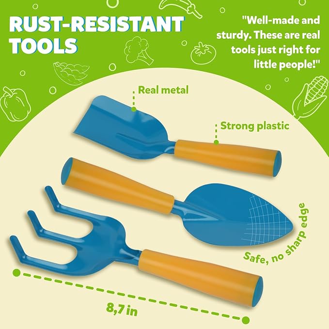 Kids Gardening Set – Toddler Gardening Kit Includes Watering Can for Kids, Shovel, Rake, Plant Stakes, Kids Gardening Gloves, Tote Bag & STEM Learning Gardening Guide Book - Garden Tool Set Blue