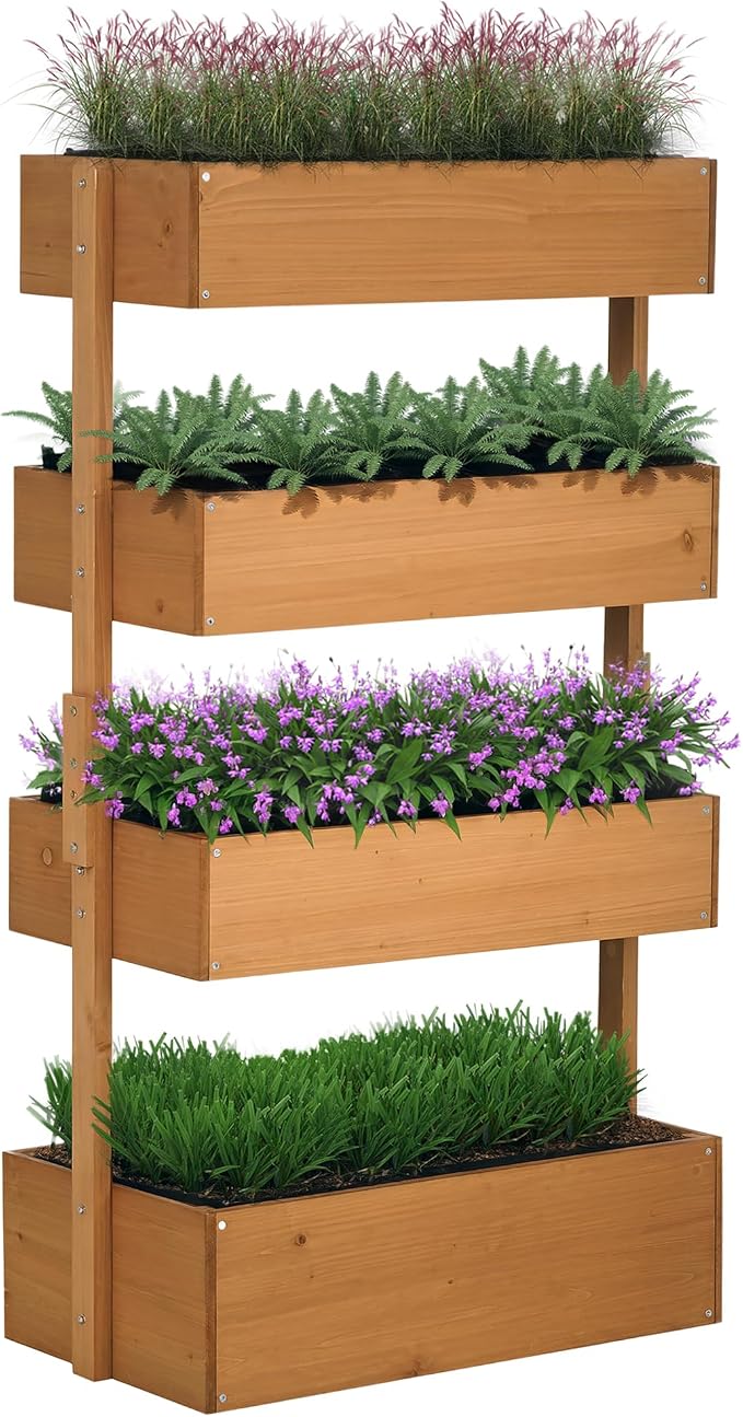 Outsunny Vertical 4 Tier Raised Garden Bed, Wooden Planter Box, Self-Draining with Bed Liner for Indoor Outdoor Flowers, Vegetables and Herbs, Orange