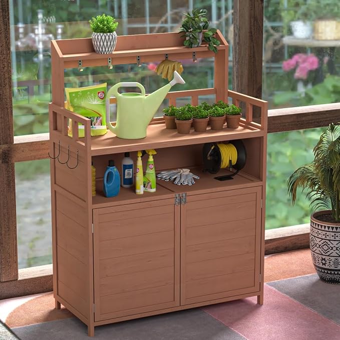 Outdoor Potting Bench with Storage,Wood Gardening Table for Planting,Outside Patio Garden Work Tables with Large Storage Cabinet & Top Shelf