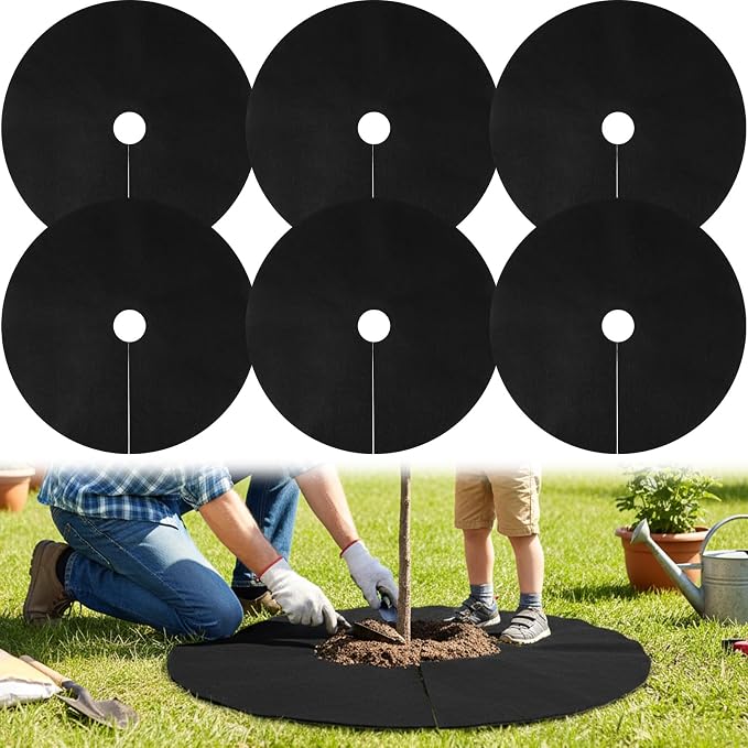 6 Pack 32.3 Inch Non-Woven Tree Mulch Ring,Plant Barrier Mat, Degradable Tree Protector for Invasive Growth Control, Root Protection and Landscape Gardening (Black)