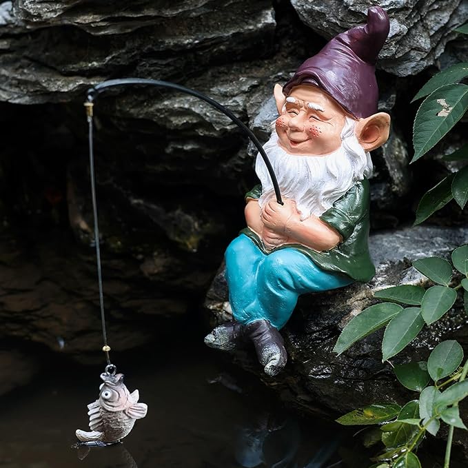Garden Gnome Fishing Statue, 9.7" Koi Pond Decor with Glow in Dark Pebbles, Great Gift for Mom