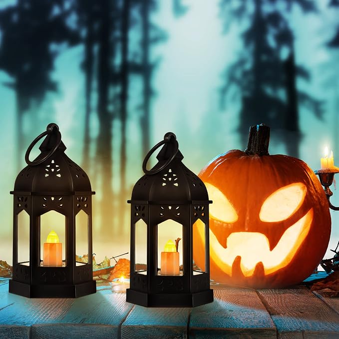 Hortsun 24 Pcs Vintage Lanterns Mini Lantern for Wedding Table Centerpiece Retro Decor with LED Candle Battery Powered Hanging for Medieval Wedding Cowboy Halloween Party Decoration Supplies(Black)