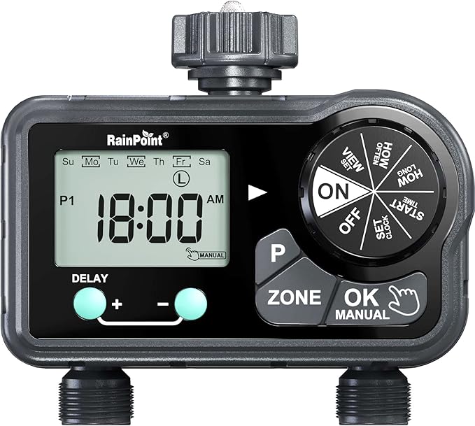 RAINPOINT Sprinkler Timer with 3 Different Programs, Hose Timer for Garden Hose with Rain Delay/Manual Watering/Automatic Irrigation System for Garden, 2 Outlet