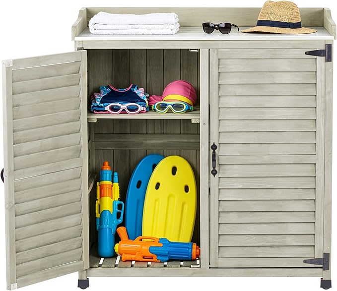 Outdoor Potting Bench with Metal Work Top,Waterproof Garden Storage Cabinet,Wooden Tool Station Shed for Backyard,Patio,Lawn Gardening
