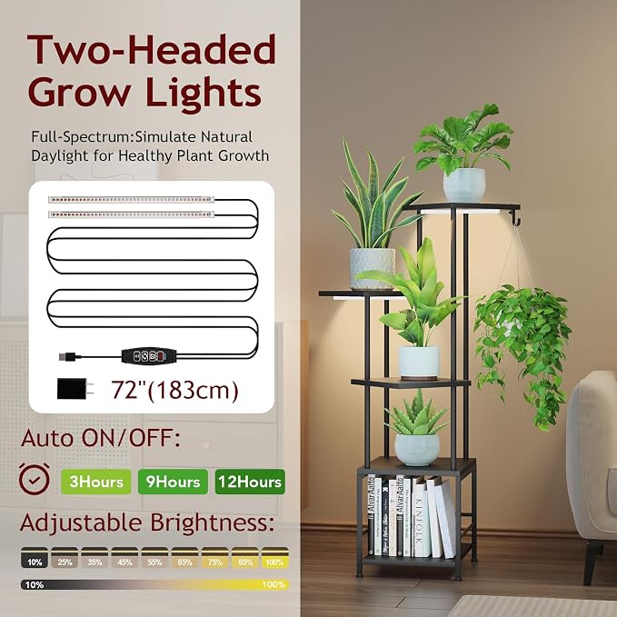 Homsorout Plant Stand Indoor with Grow Light - 5-Tier Metal Plant Shelf with Hanging Basket Hook, Corner Tall Flower Holder for Multiple Plants, Living Room Balcony Garden Patio, Black