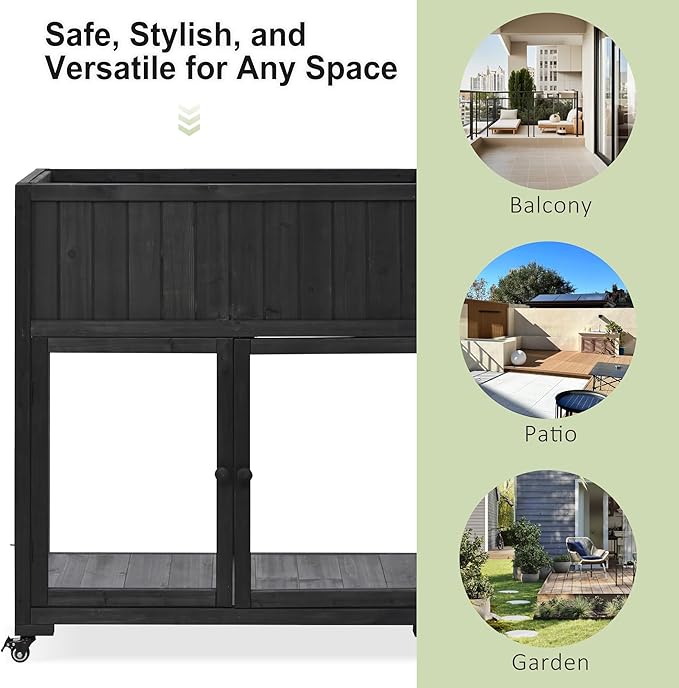Merax Raised Garden Bed with Leg, Potting Bench with Wheels Outdoor Garden Work Bench Station Planting Solid Wood Construction for Horticulture w/Storage Cabinet, Black