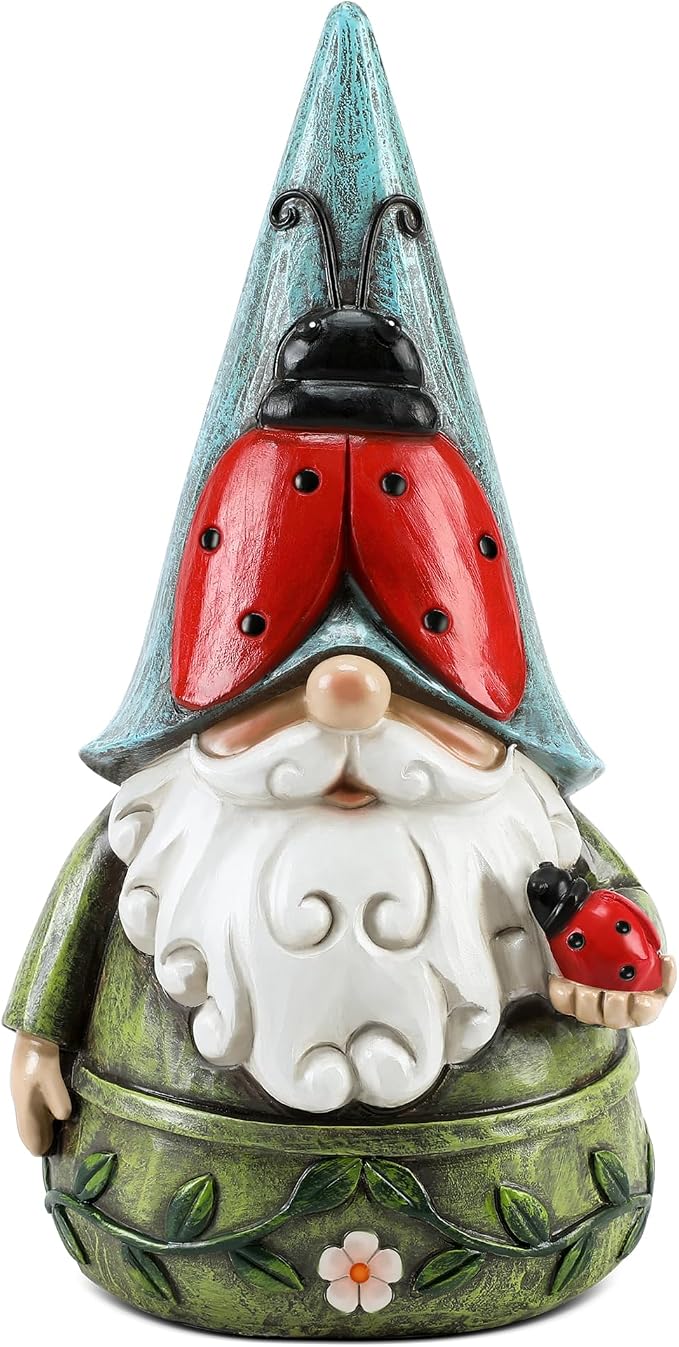 Garden Ladybug Gnome Statues Outdoor Decor for Patio, Yard, Lawn, Porch, Home, Table, Spring Summer Ladybug Gnomes Figurines 7.3" Tall Elf Ornament Gifts for Mother Women