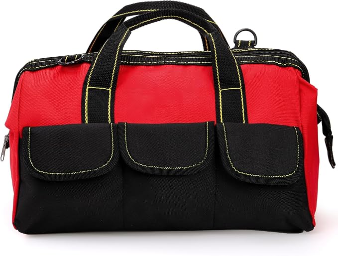 Hiceeden 16 Inch Wide Mouth Tool Bag, Collapsible Tool Tote with Waterproof Coating and Adjustable Strap, Portable Electrician Tool Organizer Handbag with 5 Outside Pockets, Red