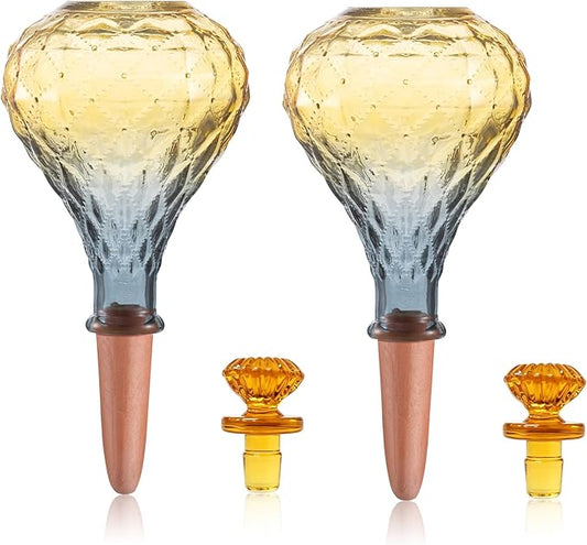 12 oz Plant Watering Globes, Yellow Glass Self Watering Bulbs Top Fill with Terracotta Spikes Stake, Self Watering Planter Insert Vacation Automatic Plant Waterer Device for Indoor & Outdoor 2Pack