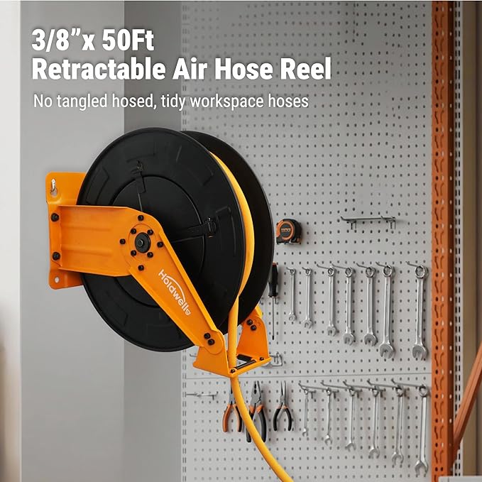 Retractable Air Hose Reel, 3/8" x 50FT EPDM Rubber Air Hose, 300PSI Max, Auto-Rewind & Length-Lock, 1/4" NPT Fitting, Ceiling/Wall Mount Heavy Duty Dual Arm Steel Reel for Workshop/Garage