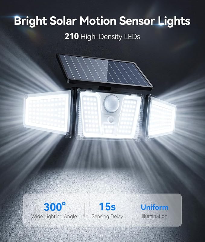 KOOPER Solar Flood Lights, 210 LED Motion Sensor Outdoor Lights, Solar Motion Lights Outdoor Waterproof, 3 Heads 300° Wide Angle Outdoor Security Lights for Yard Patio Garage Entryways, 1 Pack, Black