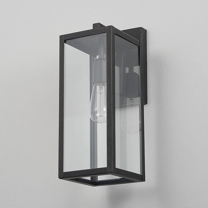 Globe Electric 44837 1-Light Outdoor Indoor Wall Sconce, Brushed Dark Bronze, Clear Glass Shade, Back Porch Lights, Front Patio, Garage Fixture, Exterior Lighting for House