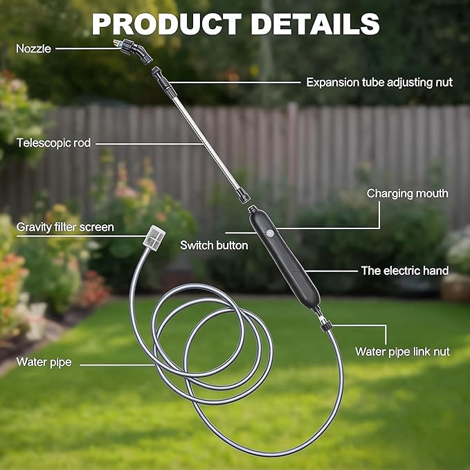 Rechargeable Cordless Pump Sprayer, Electric Watering Wand with 32.8FT Hose 6 Spray Modes Telescopic Wand, Battery Powered Sprayer for Garden Lawn Indoor Outdoor Plant Fertilizer Weed Cleaning