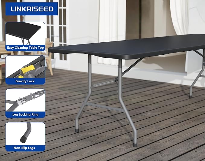 8FT Folding Tables – Heavy Duty Portable Foldable Picnic Table with Built-in Handle, 450 lb Capacity – Ideal for Events, Parties, Crafts, Camping & Dining (4-Pack, Black)