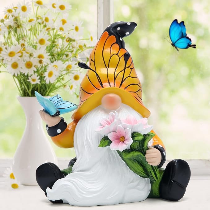 Hodao Butterfly Gnome Figurine Spring Decor, Cute Resin Gnome with Floral and Butterfly Design,Decorate for Shelves, Tiered Trays, Patios, and Garden, Gift for Mom Friends Housewarming Birthday