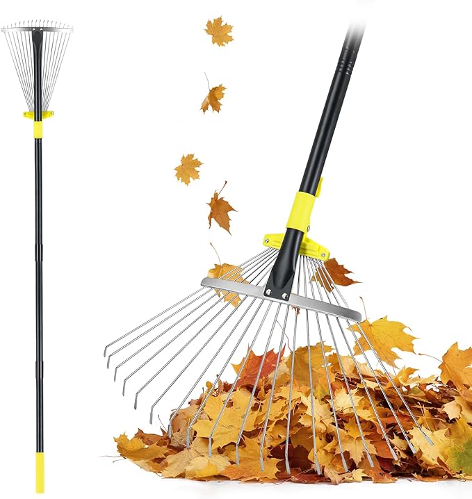 Jardineer Garden Rake for Leaves - Adjustable Metal Leaf Rake with Expandable Head and 59 Inch Long Handle, Rake for Camping, Debris, Tight Spaces and Yard Waste Removal