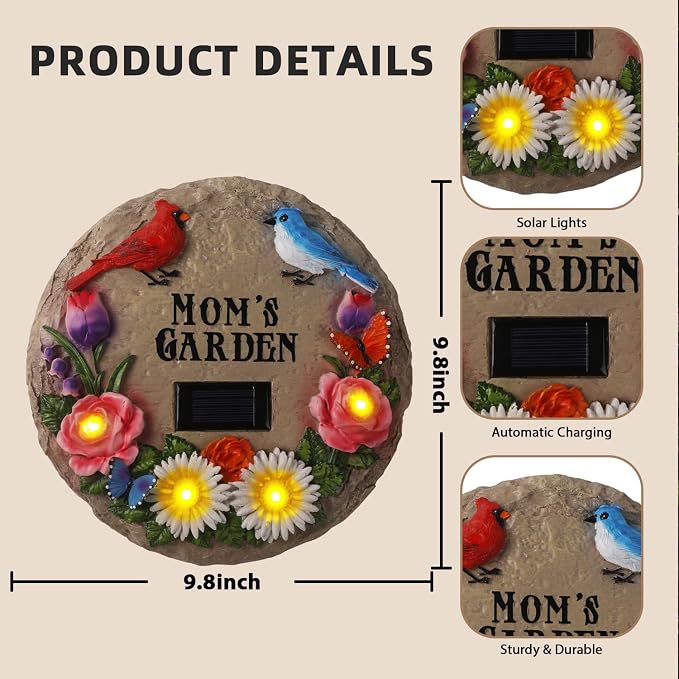 Stepping Stones Outdoor Solar Lights for Mother's Day with Cardinal Robin Birds Flowers and Mom's Garden Signs, Garden Gifts for Mom Resin Path Light with 4 LED Lamps for Walkway Yard 10 Inch