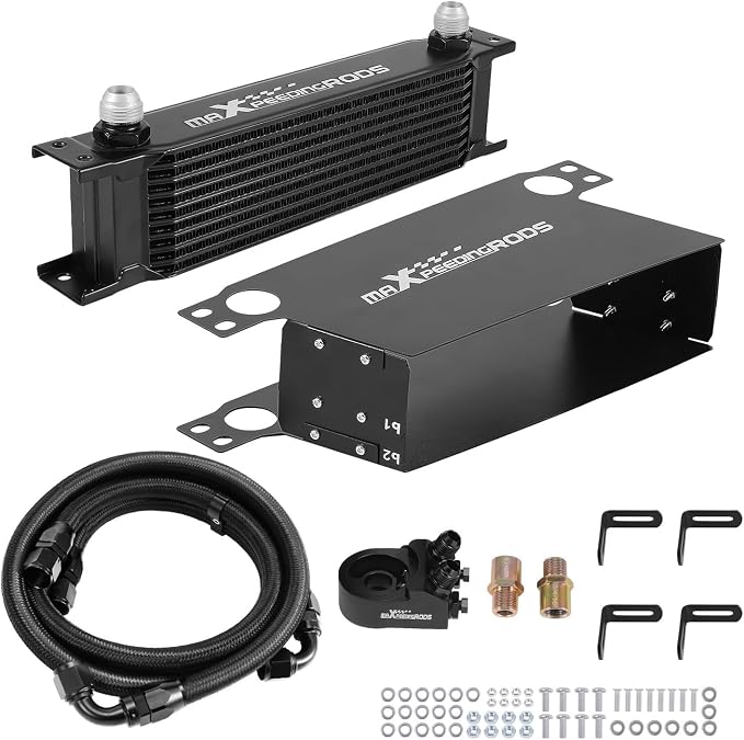 maXpeedingrods 10 Row Engine Oil Cooler Kit, 10AN Transmission Engine Cooler British Radiator Universal Aluminium Black, Thermostatic Oil Filter Sandwich Adapter, Air Guide Kit and Oil Cooler Hoses