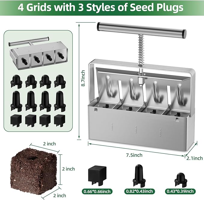 zukakii Soil Blocker 2 Inch 4 Cell Upgraded Soil Block Maker Heavy Duty with Comfortable Handle and 3 Sizes Seed Pins Handheld Soil Blocking Tool for Seed Starting transplanting Germination