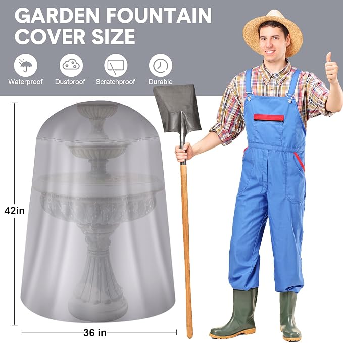 Tatuo Fountain Covers for Winter Waterproof 36"x42" 600d Outdoor Oxford Cloth Garden Fountain Statue Protective Cover with Drawstring for Outdoor Garden Statue(Gray)