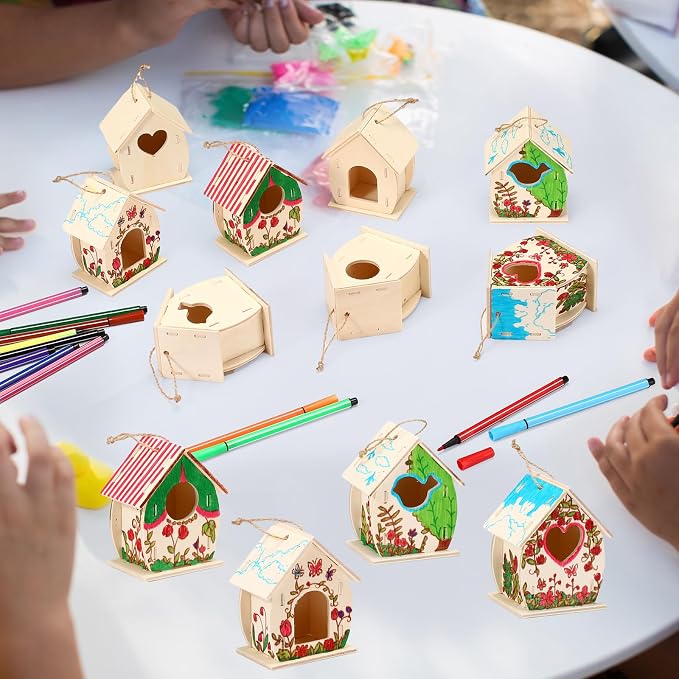 Outus 24 Pcs Wooden DIY Birdhouse Kits for Kids to Build, 4 Shapes Birdhouse Kit Wooden Unfinished with Butterfly Sticker for Boy Girl Arts Crafts(Cute)