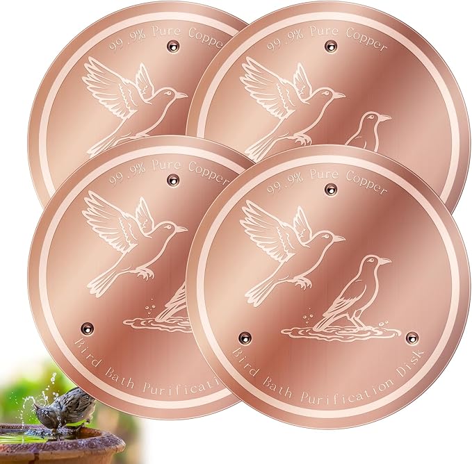 Bird Bath Copper Disk, 99.99% Pure Copper Bird Bath Cleaner, Triple-Point Support, All-Season Water Cleaber for Outdoor Bird Baths & Bowls (4 Pcs)