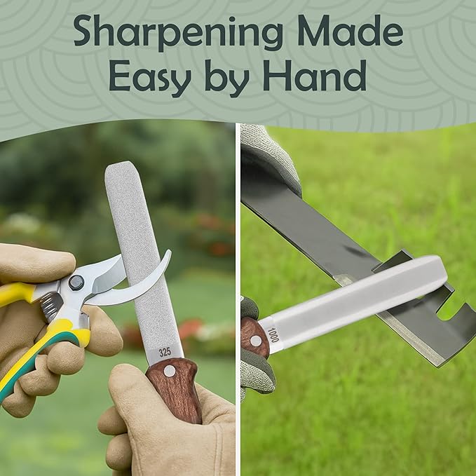 Muldale Garden Tool Sharpener - Dual Grit Titanium File with Leather Strop for Pruners Loppers Hedge Shears Mower Blades Axes and Machetes