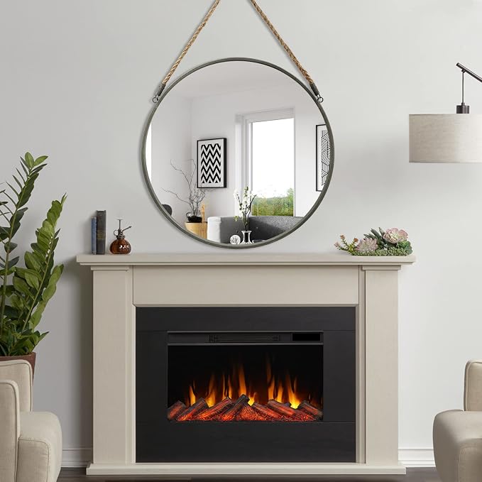 POZINO Round Hanging Mirror with Rope, 24 Inch Grey Metal Frame Circle Wall Mirror, Farmhouse Decorative Mirror for Entryway, Living Room, Fireplace, Bedroom, Bathroom
