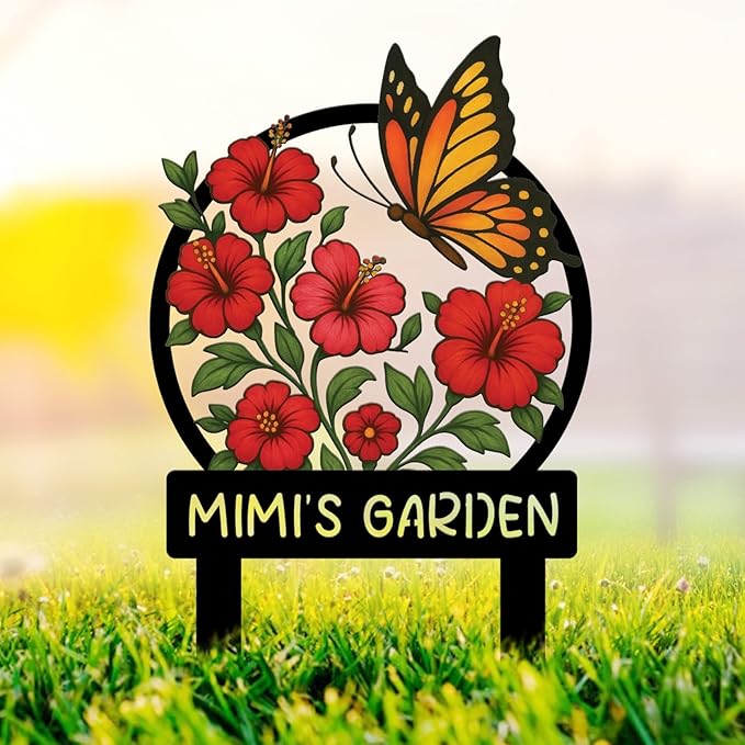 Personalized Metal Yard Sign for Mother's Day, Bird & Flower Design, Gift for Garden Lovers, Metal Sign, Garden Decor (Red flower)