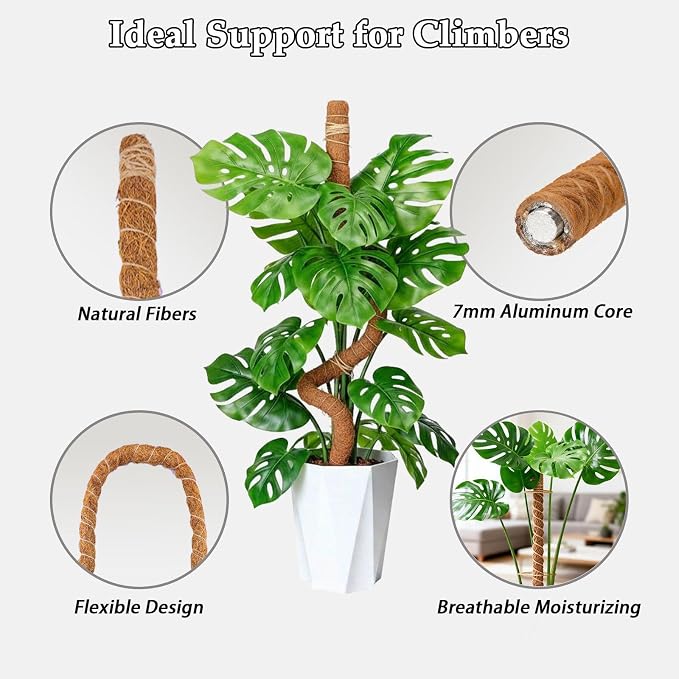 2 Pack 48 Inch Monstera Plant Support Bendable Moss Pole for Climbing Indoor Plants 7mm Strong Aluminum Core Support Stakes Tall Plant Stake Kit for Potted Plants Pothos Philodendron