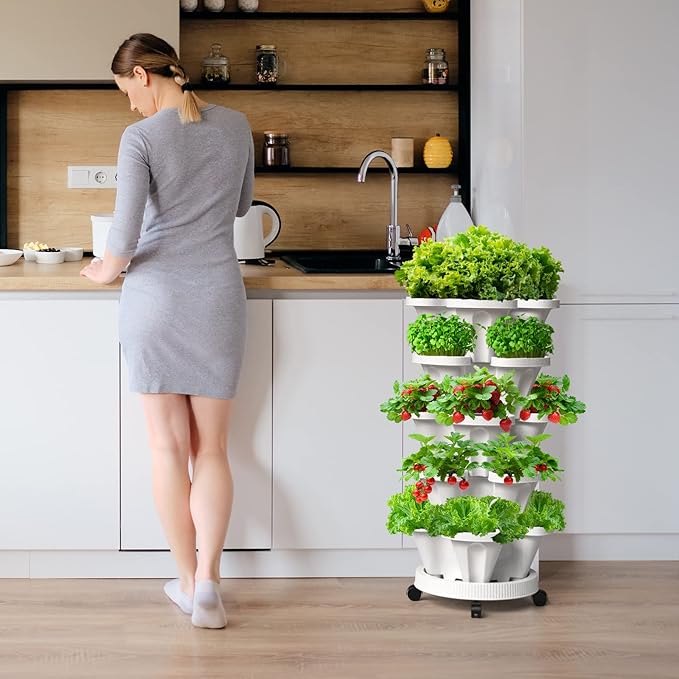 Strawberry Vertical Planters 2 Pack, 5 Tiered Stacking Tower Garden with Support Pole, Stackable Herb Vegetable Planters Indoor Outdoor Black