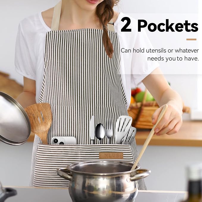 NLUS 2 Pack Cooking Aprons for Women with Pockets, Adjustable Kitchen Bib Aprons Chef Aprons for Women Men(Brown Pinstripes)