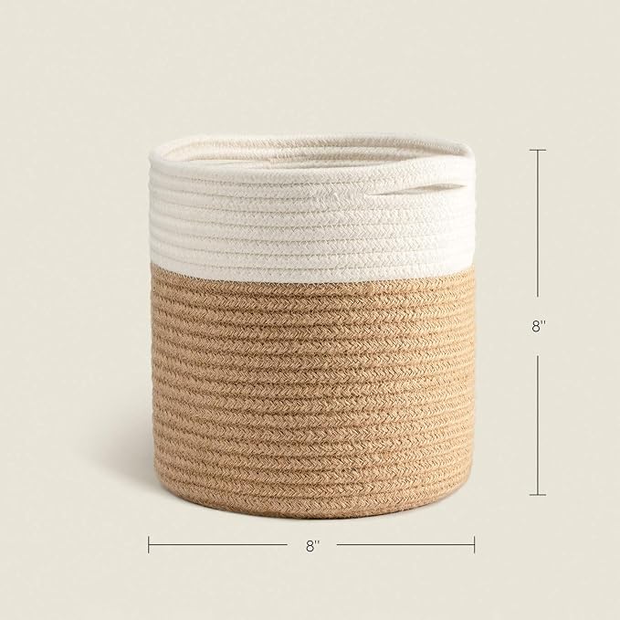 TIMEYARD Jute Rope Plant Basket Small Woven Storage Baskets for Up to 7" Planter, 8" x 8" Decorative Plant Pot Cover Woven Planter Basket Laundry Baskets with Handles Modern Home Décor