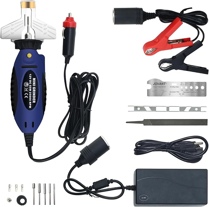 Electric Chainsaw Sharpener kit， Chainsaw Chain sharpener12V,DC 55W 25000PRM,with 5 Alloy Grinding Stones,File, 110V Convert 12V Outlet Power Adapter (ETJ007)