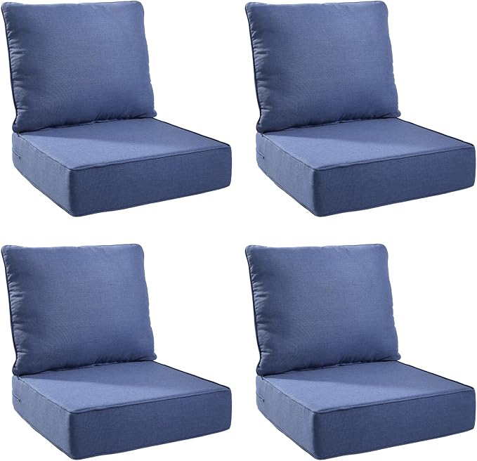 Outdoor Cushion Set for Furniture Patio Furniture, UV Resistant, Water Resistant - 6 Inch Thick Foam Garden Cushions– 24x24 Inch Patio Seat Covers for Chair/Sofa/Couch | Blue | 4-Pack |