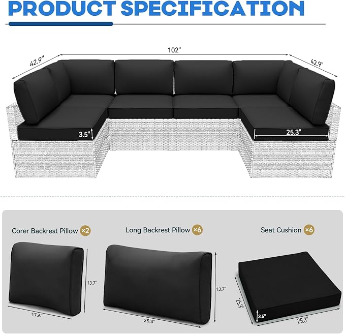 Outdoor Replacement Cushions for Patio Furniture,Water-Resistant Sofa Cushion for Rattan Wicker Sectional Patio Conversation Sets,14-Piece Outdoor Couch Cushion, Black