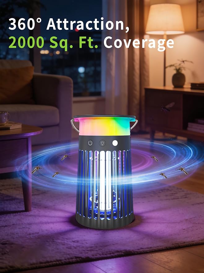 NEXLY SJZ-091 Solar Bug Zapper Portable Outdoor Waterproof Mosquito Killer Light Indoor Home Rechargeable Fruit Fly Trap Lamp 4200V Electric Gnat Traps for Room Garden Courtyard Kitchen Camping Patio